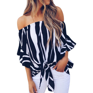 Women Striped Off The Shoulder Short Sleeve Casual Carisa’s Muleriders Pullover Dames Kleding Blouse