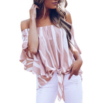 Women Striped Off The Shoulder Short Sleeve Casual Carisa’s Muleriders Pullover Dames Kleding Blouse