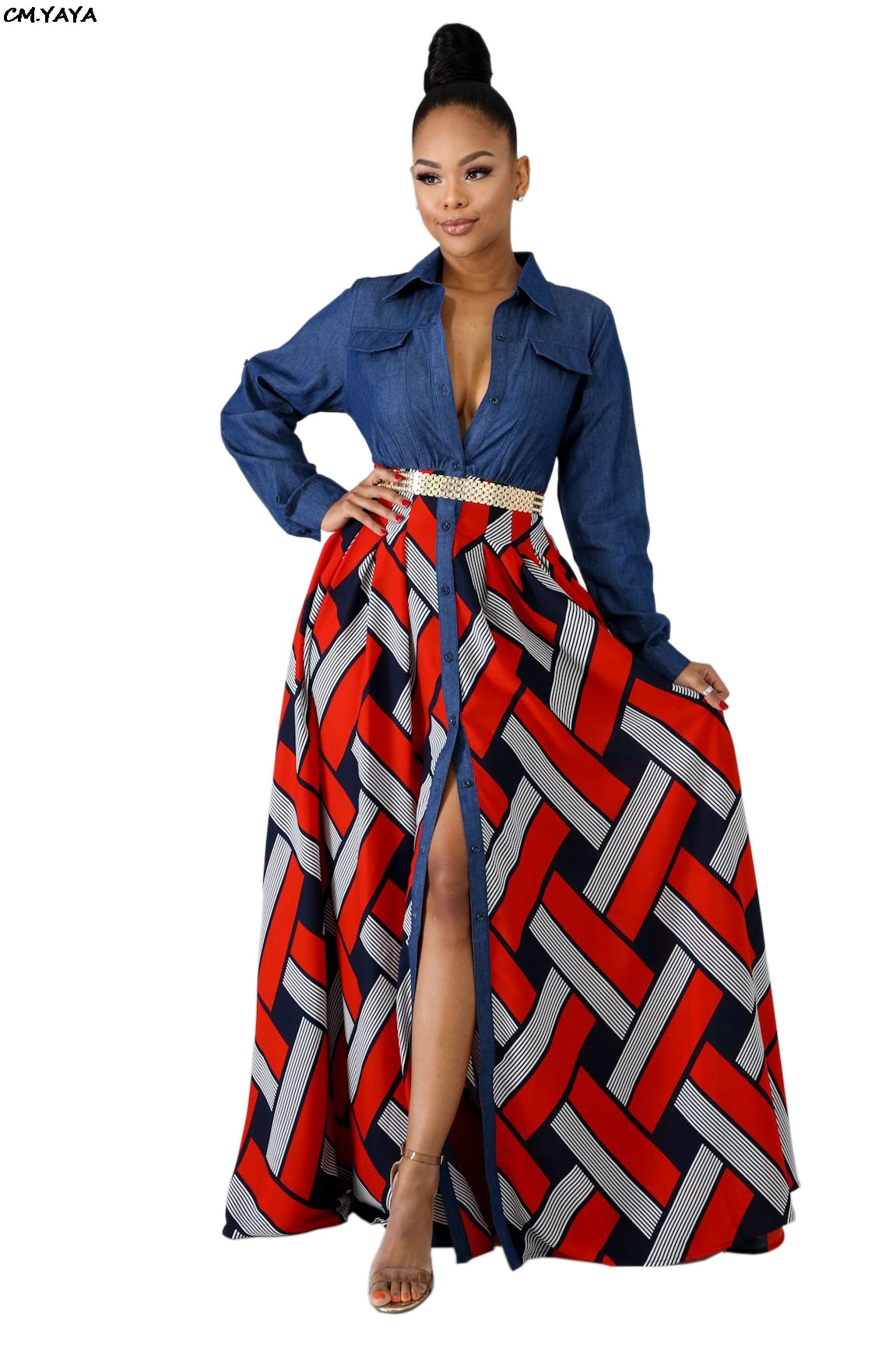 Women long sleeve Demin Splicing Stripes Geometric Print Button Up maxi Dress CY8080