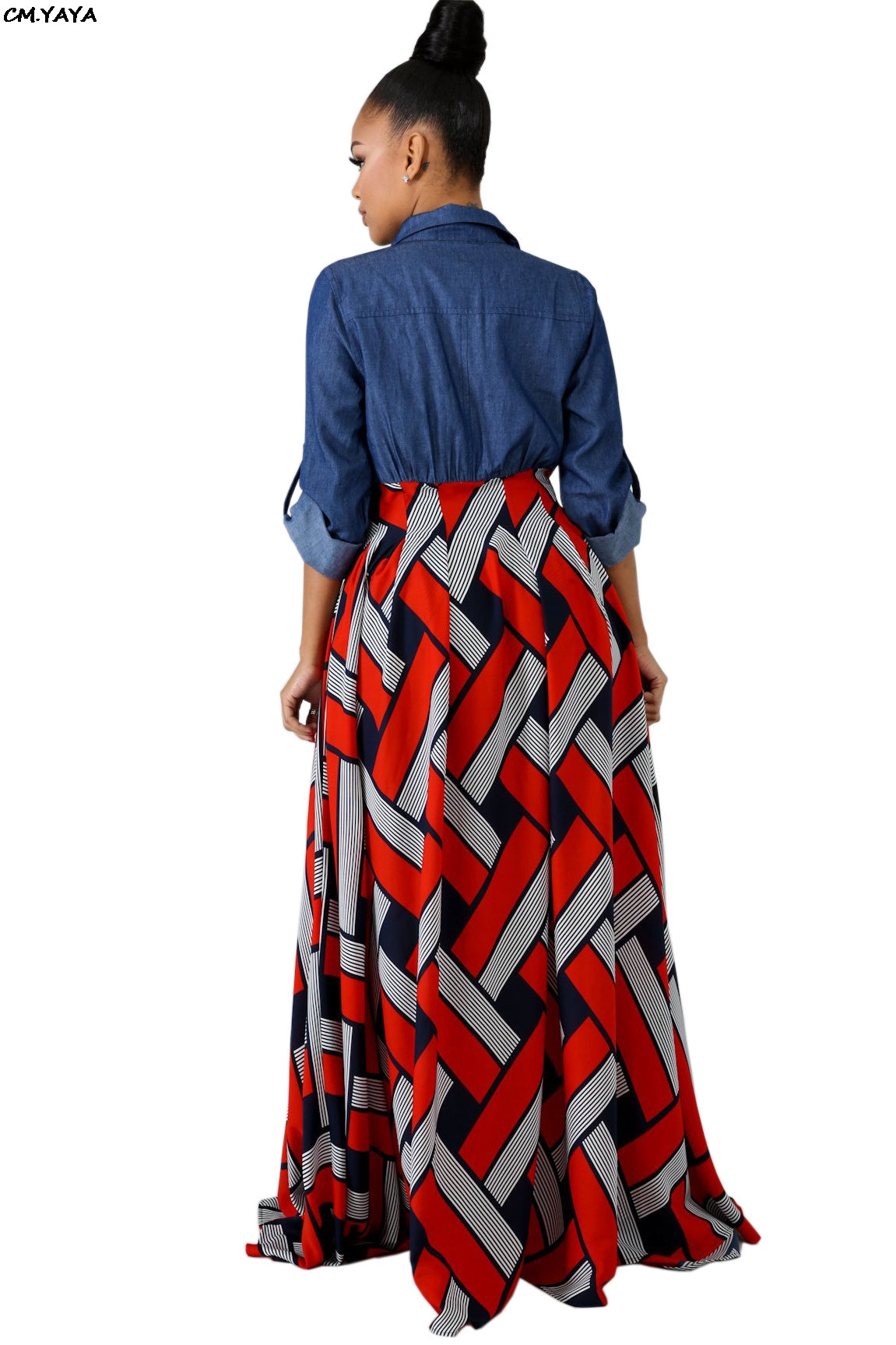 Women long sleeve Demin Splicing Stripes Geometric Print Button Up maxi Dress CY8080