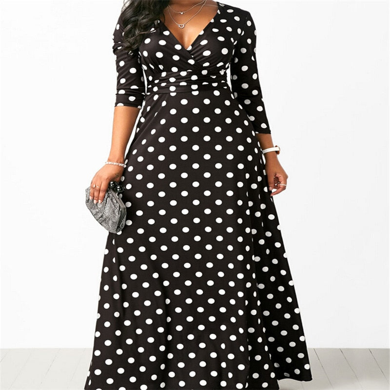 Women Long Maxi Quarter Sleeve Dots Printed V Neck Dress