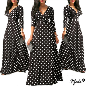 Women Long Maxi Quarter Sleeve Dots Printed V Neck Dress