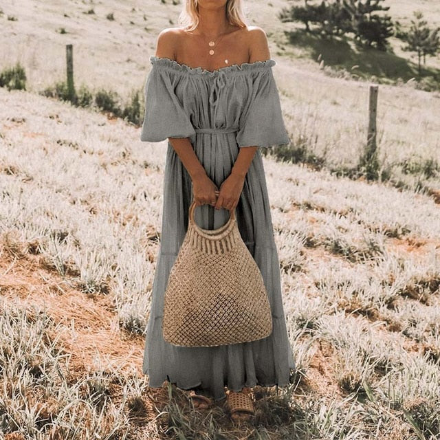 Women Long Summer Off The Shoulder Casual Ruffle Maxi