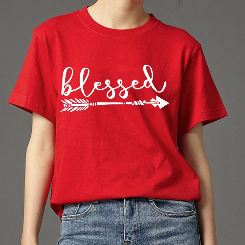 Beauty Blessed Arrow Letter Printed Fashion Women Short Sleeve T Shirt