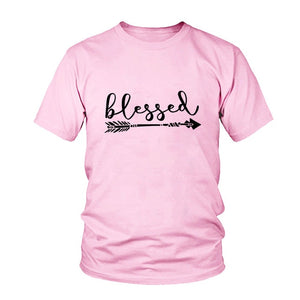 Beauty Blessed Arrow Letter Printed Fashion Women Short Sleeve T Shirt