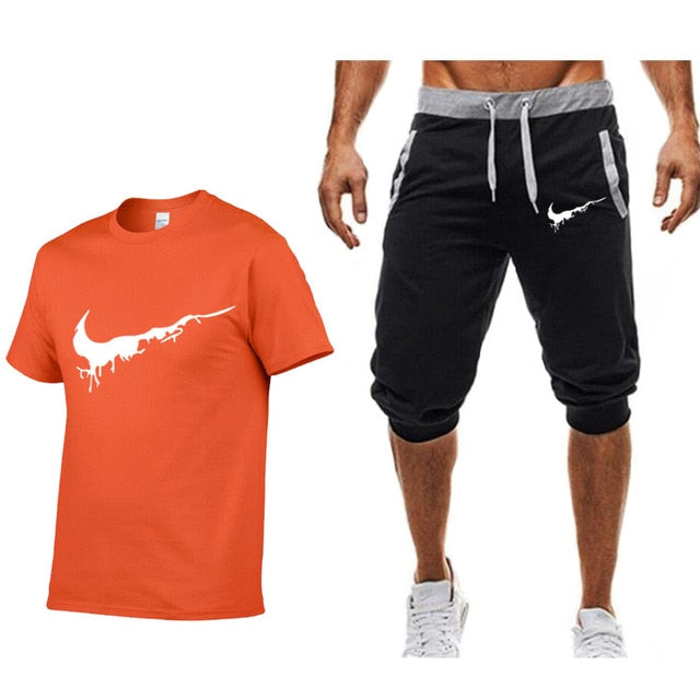 Men's T Shirts+shorts Two piece Fashion Casual Workout Fitness Sets