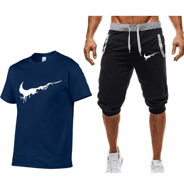 Men's T Shirts+shorts Two piece Fashion Casual Workout Fitness Sets