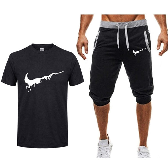 Men's T Shirts+shorts Two piece Fashion Casual Workout Fitness Sets