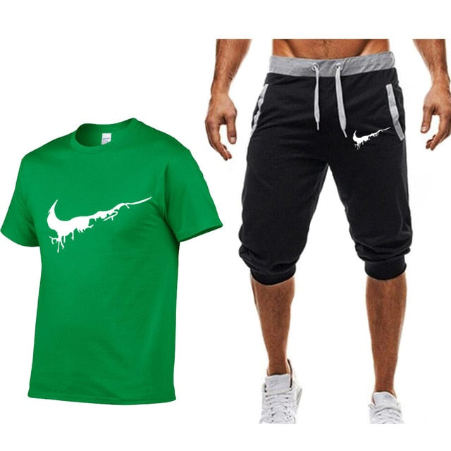 Men's T Shirts+shorts Two piece Fashion Casual Workout Fitness Sets