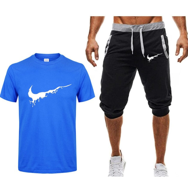 Men's T Shirts+shorts Two piece Fashion Casual Workout Fitness Sets