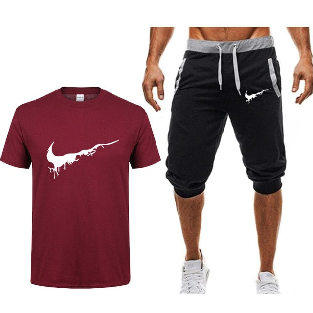 Men's T Shirts+shorts Two piece Fashion Casual Workout Fitness Sets