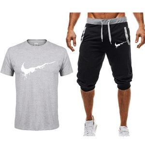 Men's T Shirts+shorts Two piece Fashion Casual Workout Fitness Sets