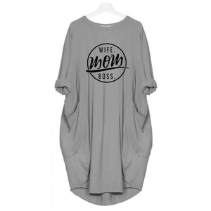 Women Pocket WIFE MOM BOSS Letters Print Off The Shoulder T-shirt