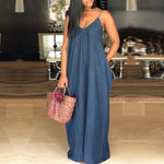 Strapless Beach Maxi Long V Neck Backless Casual Loose Solid Denim Dresses Plus Size Floor-length