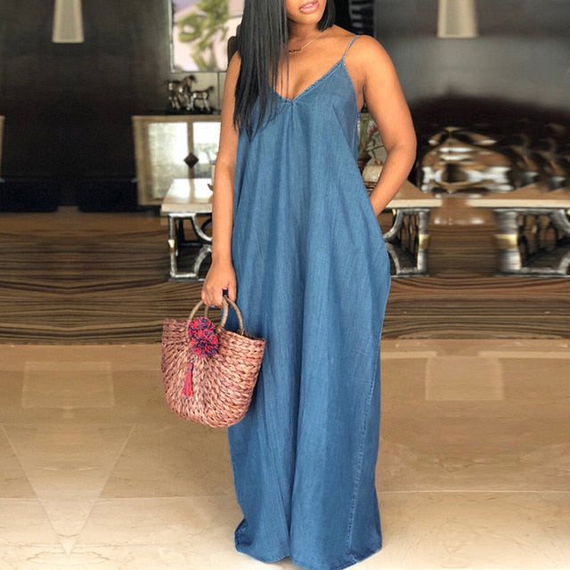 Strapless Beach Maxi Long V Neck Backless Casual Loose Solid Denim Dresses Plus Size Floor-length