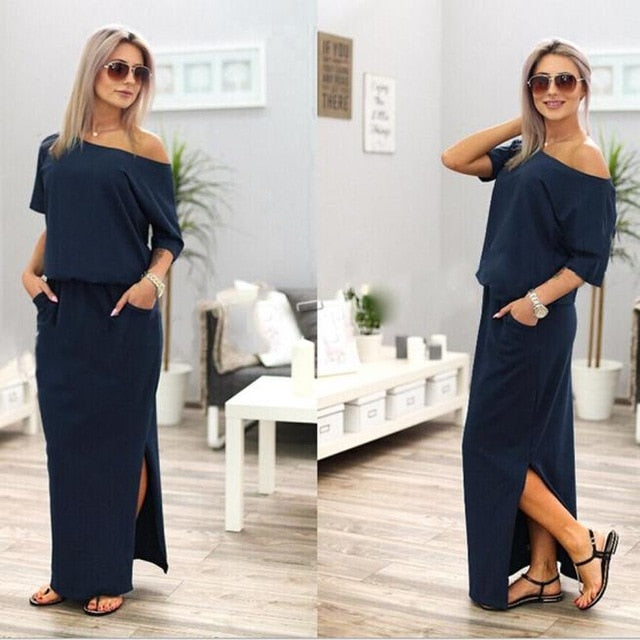 Women Summer Long Maxi Boho Evening Party Dress With Pocket