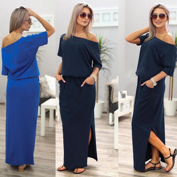 Women Summer Long Maxi Boho Evening Party Dress With Pocket