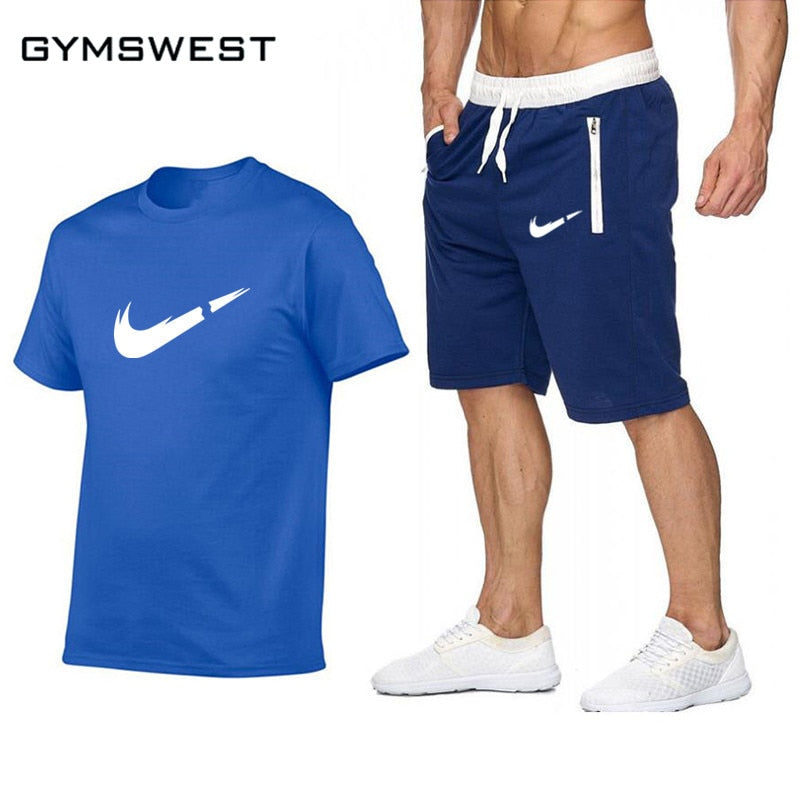 Top Brand Men's Summer T-shirt+shorts  Printed 2PC Sports Wear Suit