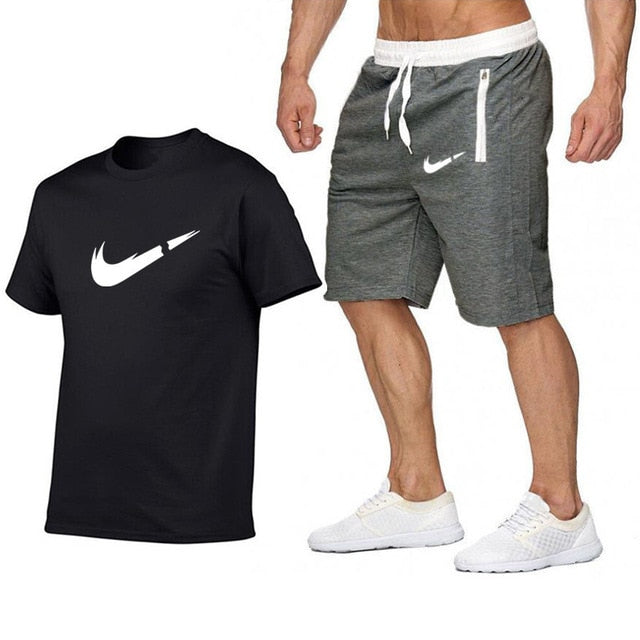 Top Brand Men's Summer T-shirt+shorts  Printed 2PC Sports Wear Suit