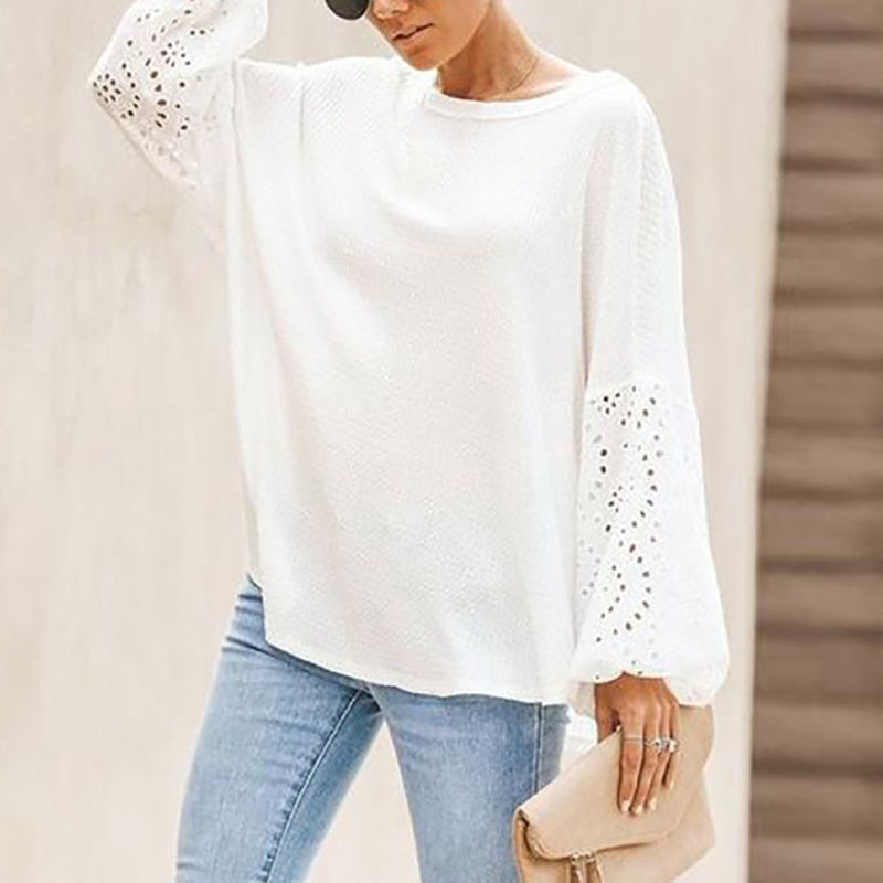 Women Elegant Embroidery Floral Hollow Out Blouse