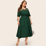 Women Elegant Plus Size V Neck Contrast Mesh Cuff Lace Up Belted Dress