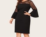 Women Plus Size Elegant Polka Dot Mesh Patchwork Hem Slit Pencil Dresses With Bell Sleeves