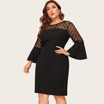 Women Plus Size Elegant Polka Dot Mesh Patchwork Hem Slit Pencil Dresses With Bell Sleeves