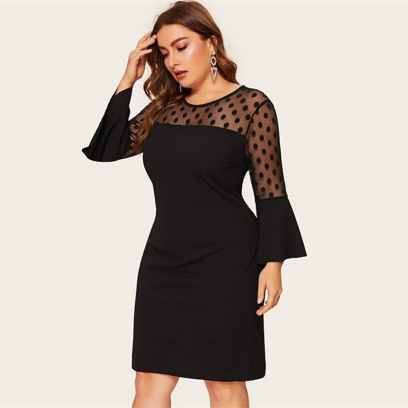 Women Plus Size Elegant Polka Dot Mesh Patchwork Hem Slit Pencil Dresses With Bell Sleeves