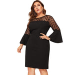 Women Plus Size Elegant Polka Dot Mesh Patchwork Hem Slit Pencil Dresses With Bell Sleeves