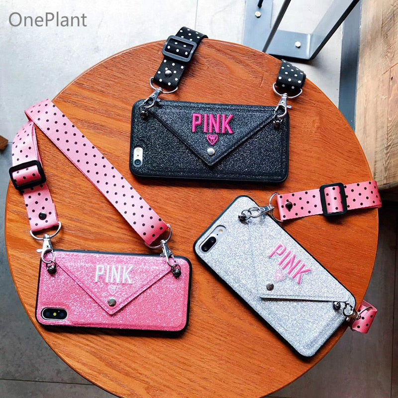 OnePlant Luxury PINK Glitter Embroidery Leather Case for iPhone 7 8 6s Plus Fashion Wave Point Lanyard For iphone XR XS Max Case