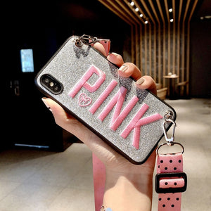 OnePlant Luxury PINK Glitter Embroidery Leather Case for iPhone 7 8 6s Plus Fashion Wave Point Lanyard For iphone XR XS Max Case