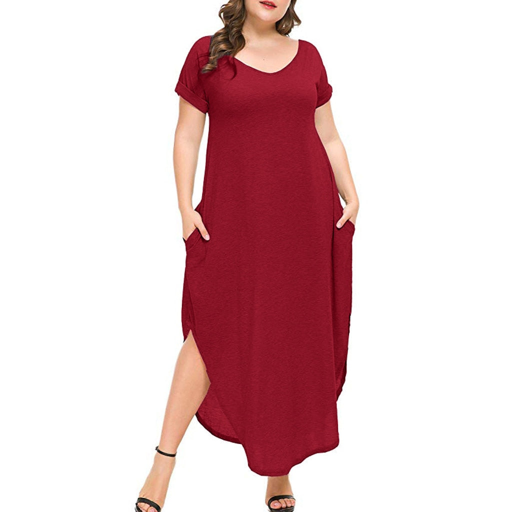 Elegant Women's Plus Size Summer Short Sleeve O Neck Solid Pure Colors Maxi Long Dresses