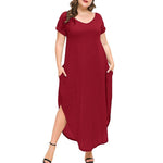 Elegant Women's Plus Size Summer Short Sleeve O Neck Solid Pure Colors Maxi Long Dresses