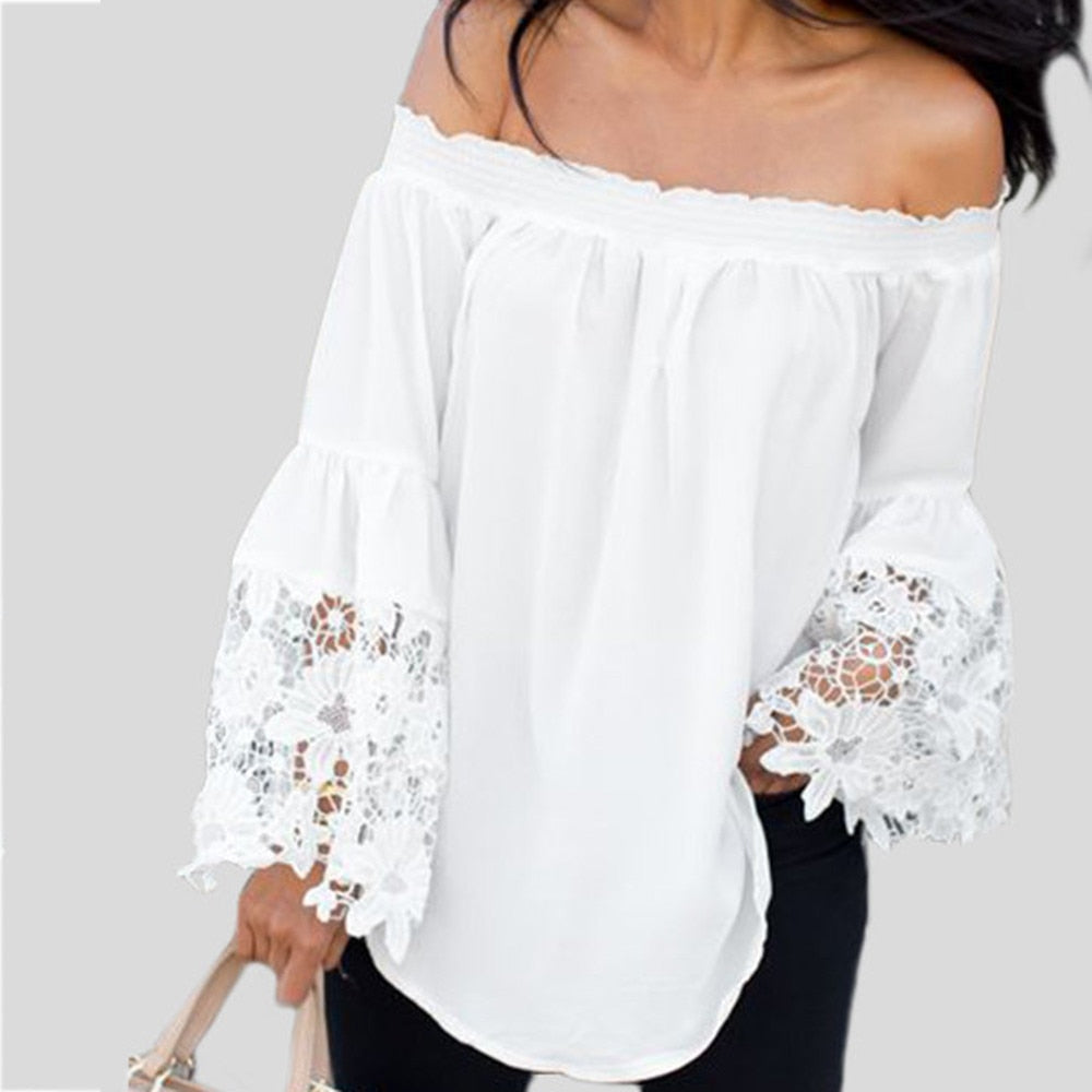 Elegant Women White Off The Shoulder Lace Stitching, Long Lantern Sleeve, Slash Neck Flared Blouse