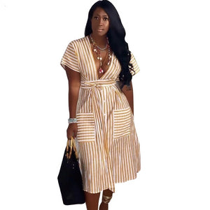 Women Summer Stripes Notched V-Neck with Sashes Short Sleeve Flare Knee Length Dress