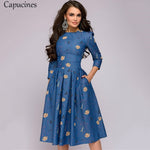 Navy Blue 3/4 Sleeves Printed Women Vintage Pocket A-line Casual Dress