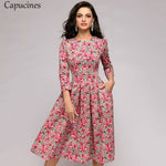 Navy Blue 3/4 Sleeves Printed Women Vintage Pocket A-line Casual Dress