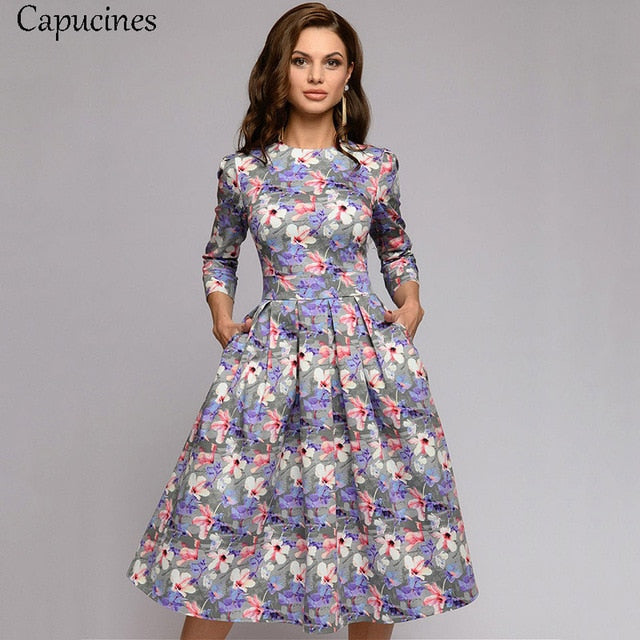 Navy Blue 3/4 Sleeves Printed Women Vintage Pocket A-line Casual Dress