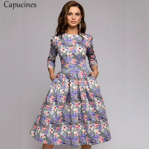 Navy Blue 3/4 Sleeves Printed Women Vintage Pocket A-line Casual Dress