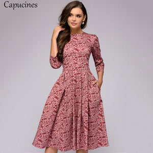 Navy Blue 3/4 Sleeves Printed Women Vintage Pocket A-line Casual Dress