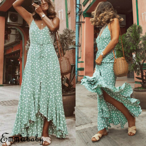 Women Dot Boho Long Maxi Party Summer Beach V neck Backless Sundress