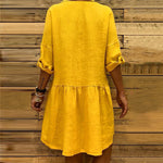 Women Casual Solid Boho Turn-down Roll Up Sleeve Pocket Button Linen Dress