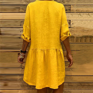 Women Casual Solid Boho Turn-down Roll Up Sleeve Pocket Button Linen Dress