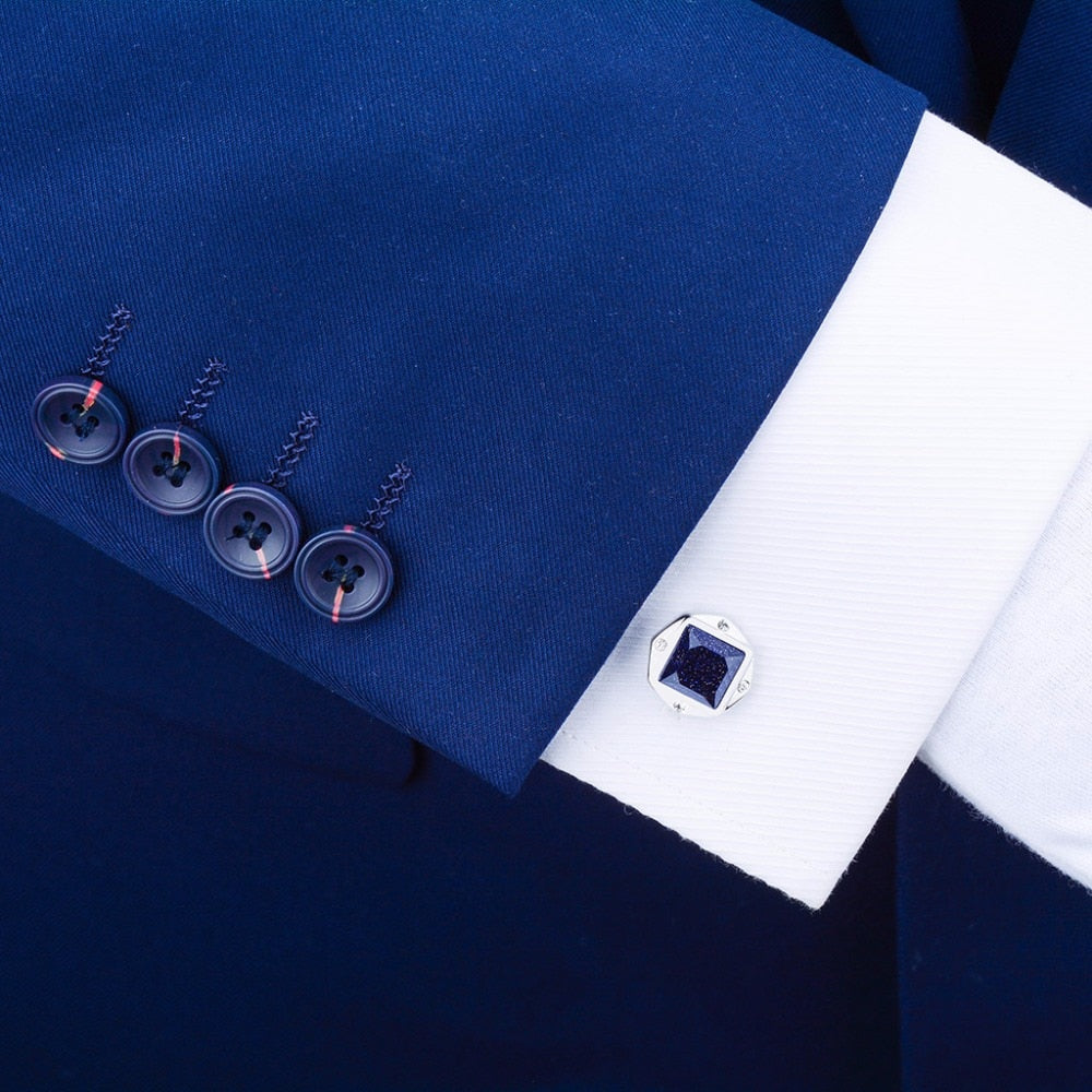 Luxury Blue Star Stone Cufflinks for Mens, High Quality Silver Cuff links Brand Suit Shirt Jewelry