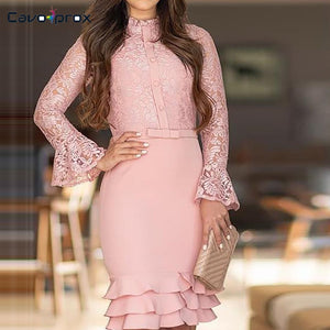 Women Elegant  Lace Bodice Layered Cascading long Sleeve Ruffle Hem Dress