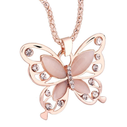 Fashion Women's Rose Gold Cubic Zircon Pendant Necklace Opal Butterfly