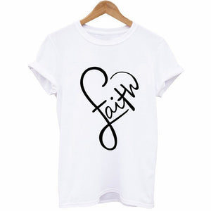 Faith Letter Love Heart Women Short Sleeve O Neck Loose T-Shirt