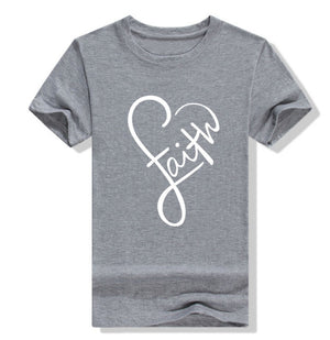 Faith Letter Love Heart Women Short Sleeve O Neck Loose T-Shirt