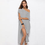 Irregular Stripe Sexy Beach Cotton Loose Off Shoulder Split Dress