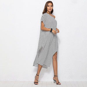 Irregular Stripe Sexy Beach Cotton Loose Off Shoulder Split Dress